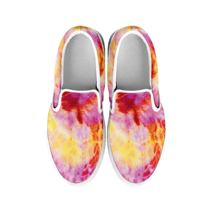 Pink And Yellow Tie Dye Print White Slip On Shoes