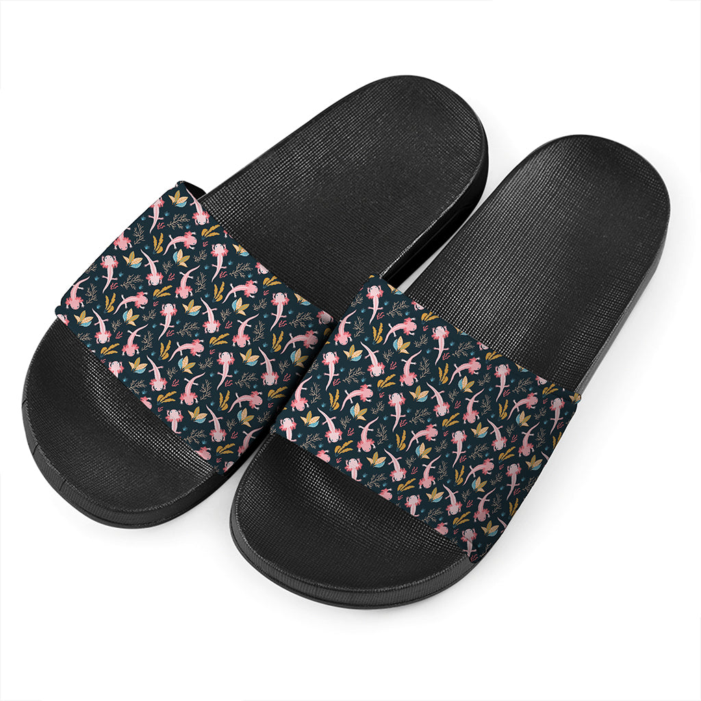 Pink Axolotl Pattern Print Black Slide Sandals