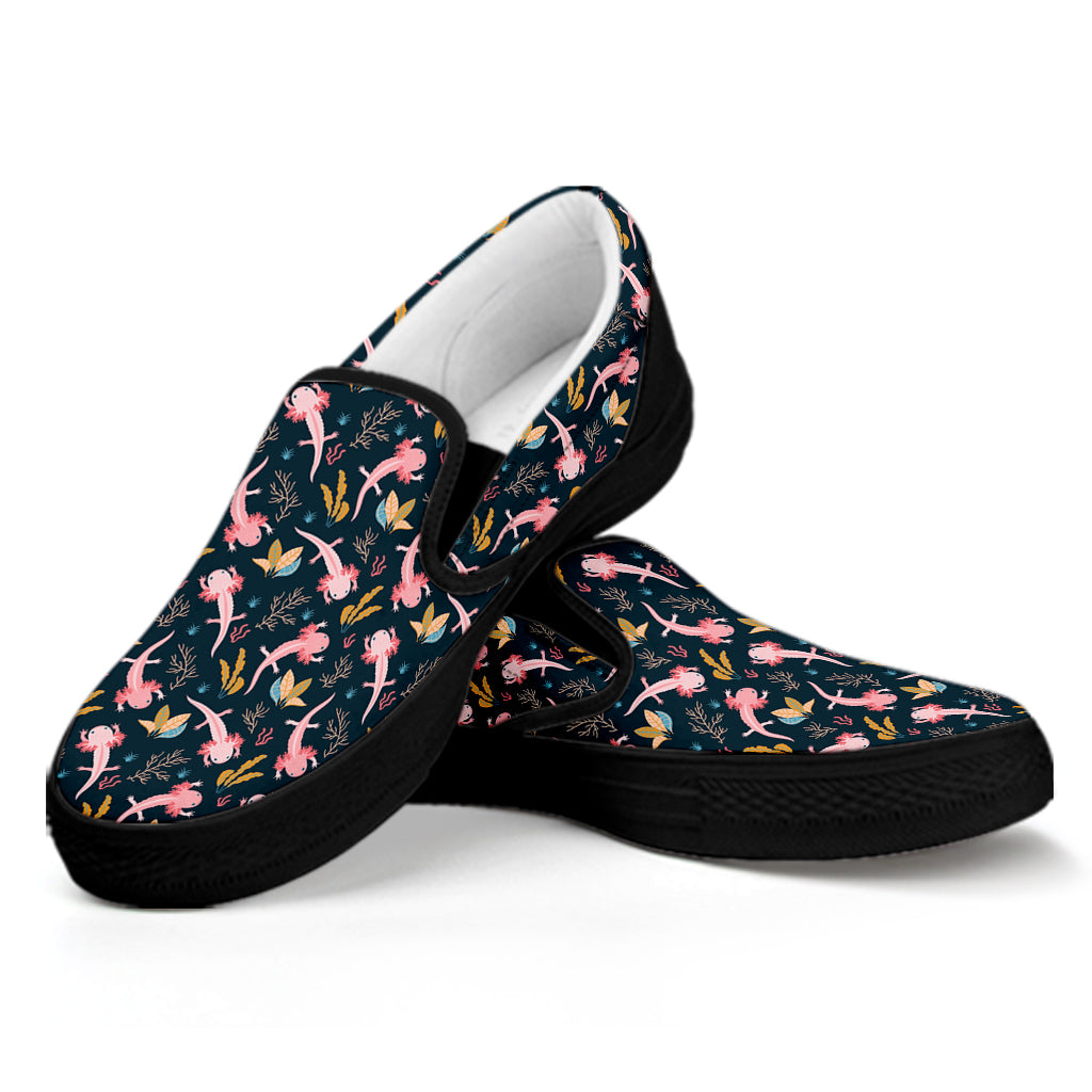 Pink Axolotl Pattern Print Black Slip On Shoes