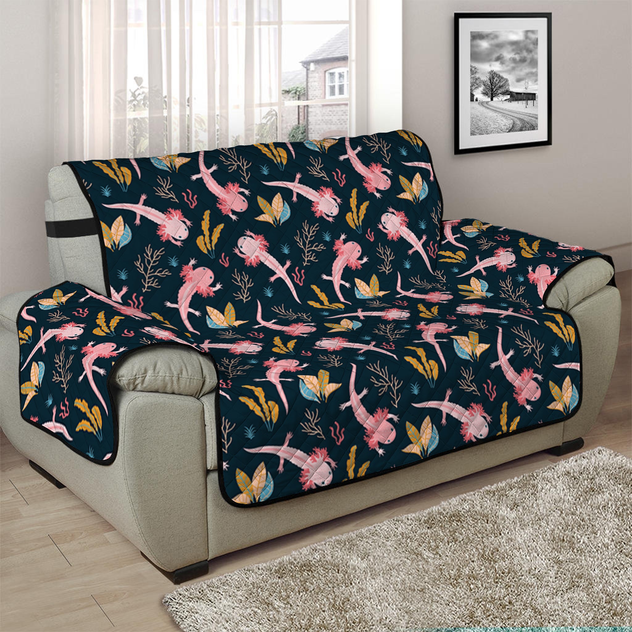 Pink Axolotl Pattern Print Half Sofa Protector