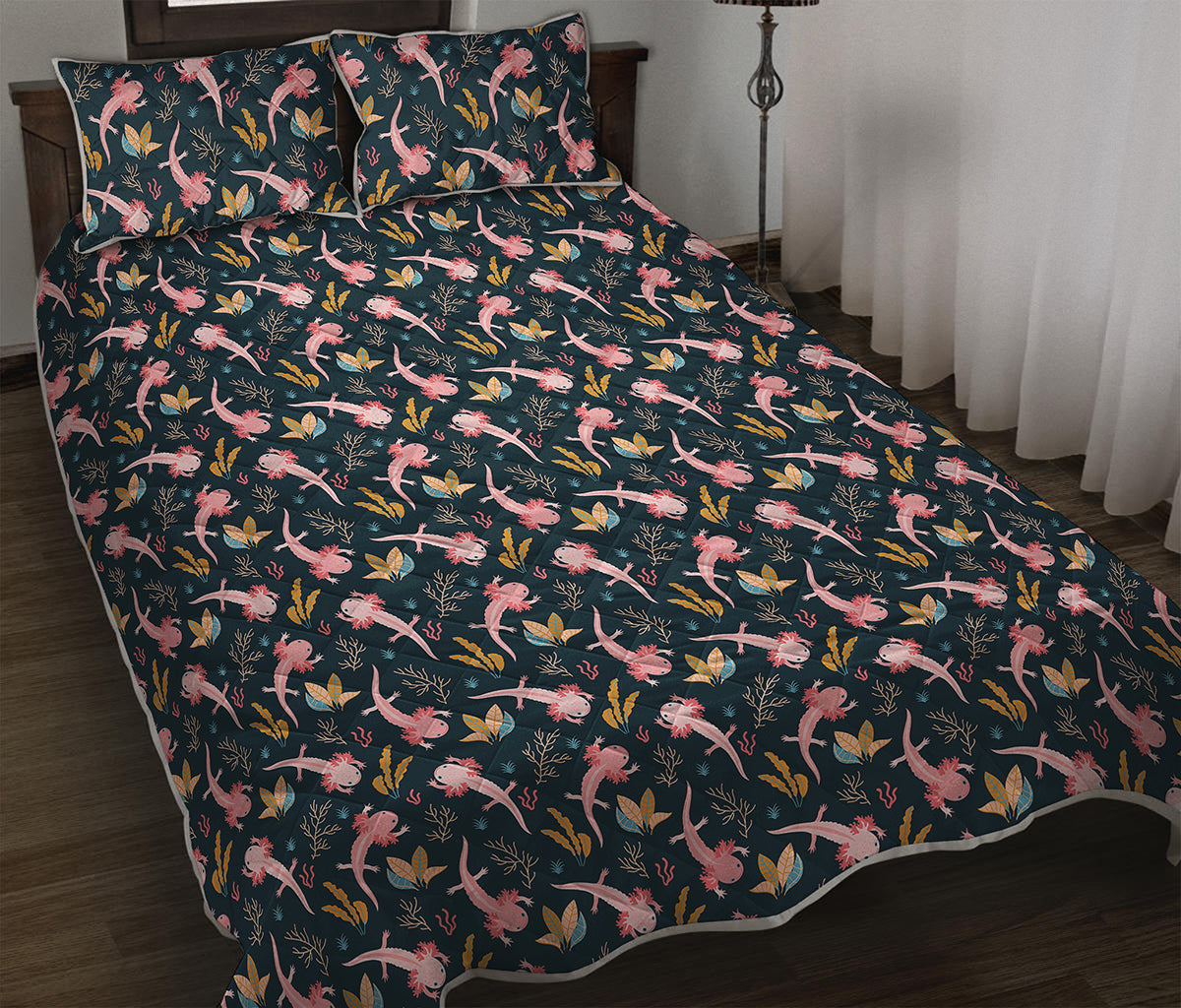 Pink Axolotl Pattern Print Quilt Bed Set