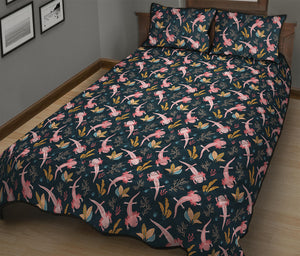 Pink Axolotl Pattern Print Quilt Bed Set