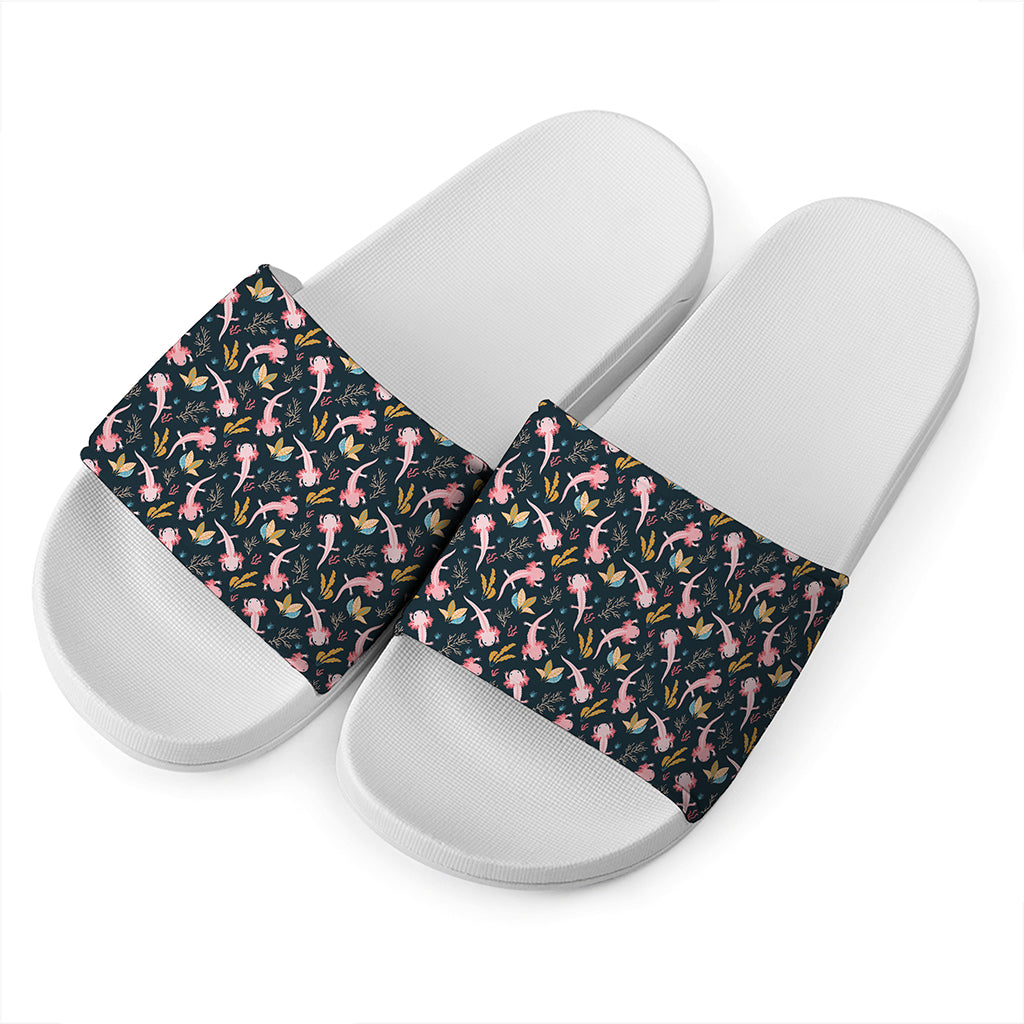 Pink Axolotl Pattern Print White Slide Sandals