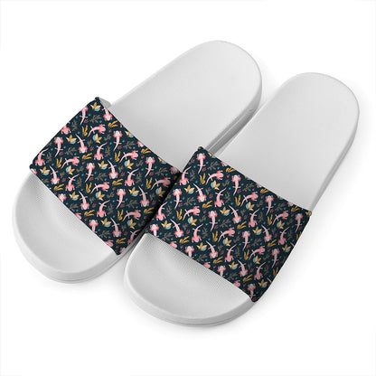 Pink Axolotl Pattern Print White Slide Sandals