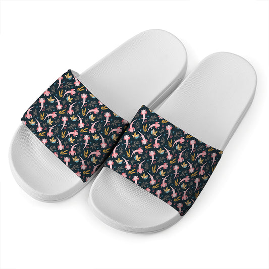 Pink Axolotl Pattern Print White Slide Sandals