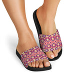 Pink Aztec Geometric Ethnic Pattern Print Black Slide Sandals