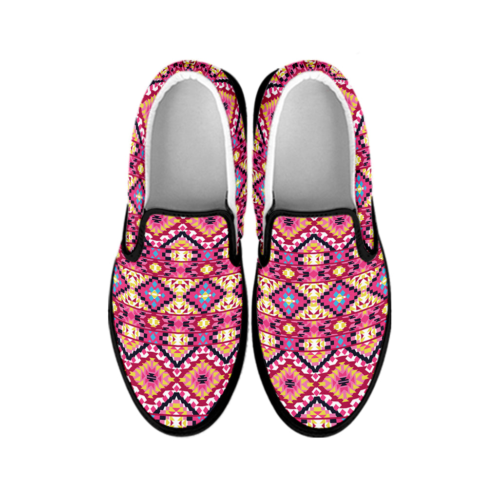 Pink Aztec Geometric Ethnic Pattern Print Black Slip On Shoes