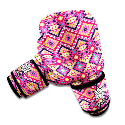 Pink Aztec Geometric Ethnic Pattern Print Boxing Gloves