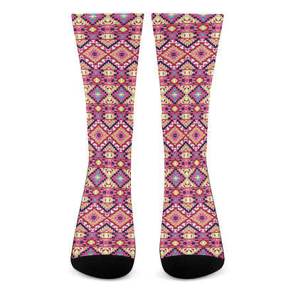 Pink Aztec Geometric Ethnic Pattern Print Crew Socks