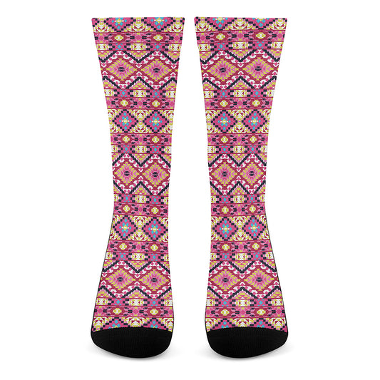 Pink Aztec Geometric Ethnic Pattern Print Crew Socks