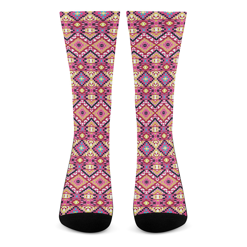 Pink Aztec Geometric Ethnic Pattern Print Crew Socks