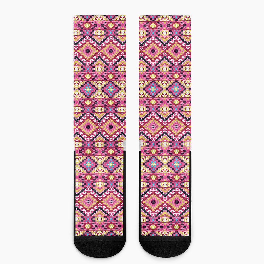 Pink Aztec Geometric Ethnic Pattern Print Crew Socks