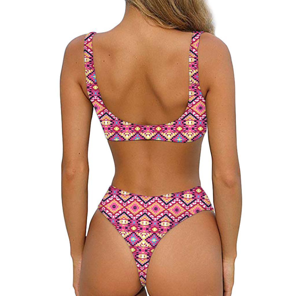 Pink Aztec Geometric Ethnic Pattern Print Front Bow Tie Bikini