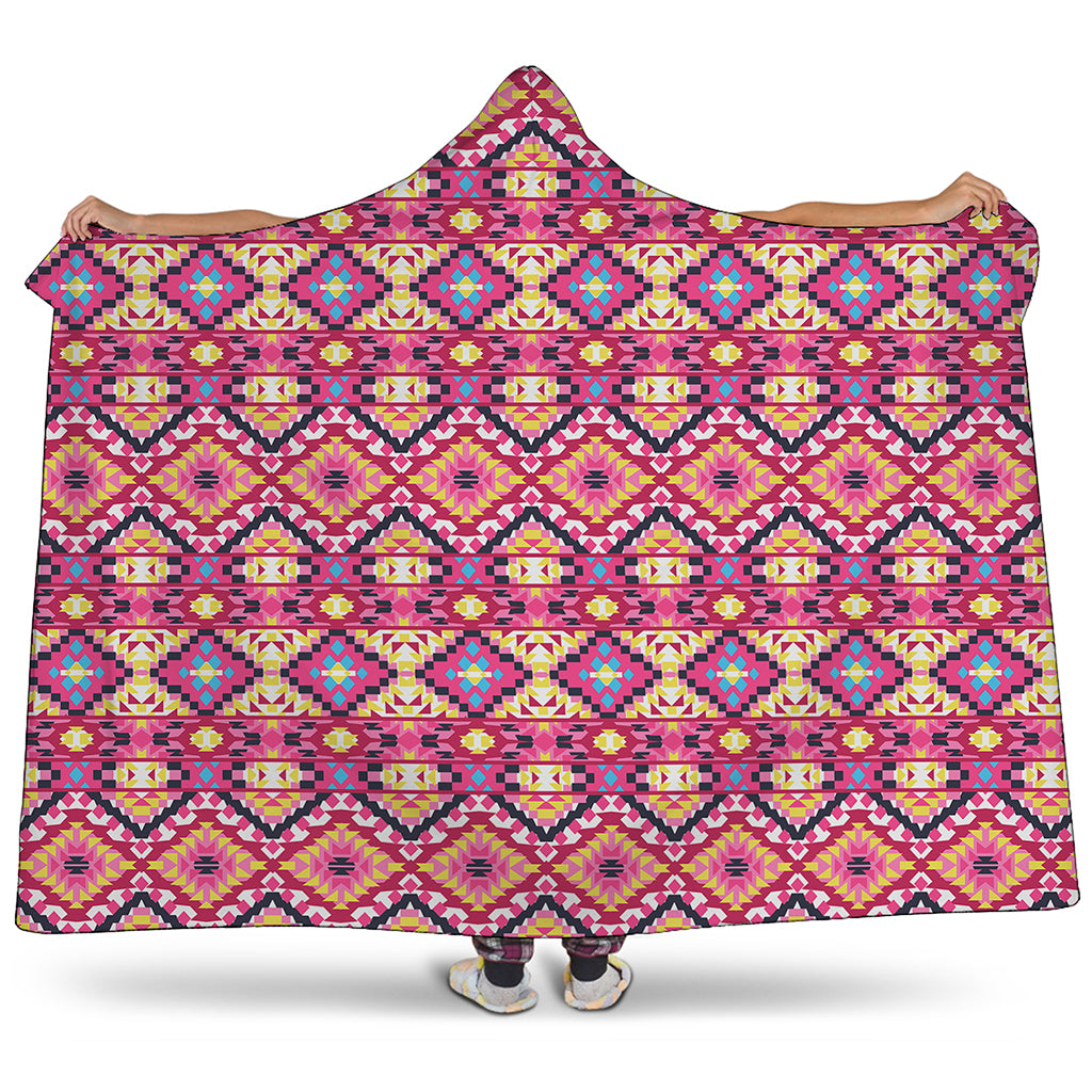Pink Aztec Geometric Ethnic Pattern Print Hooded Blanket