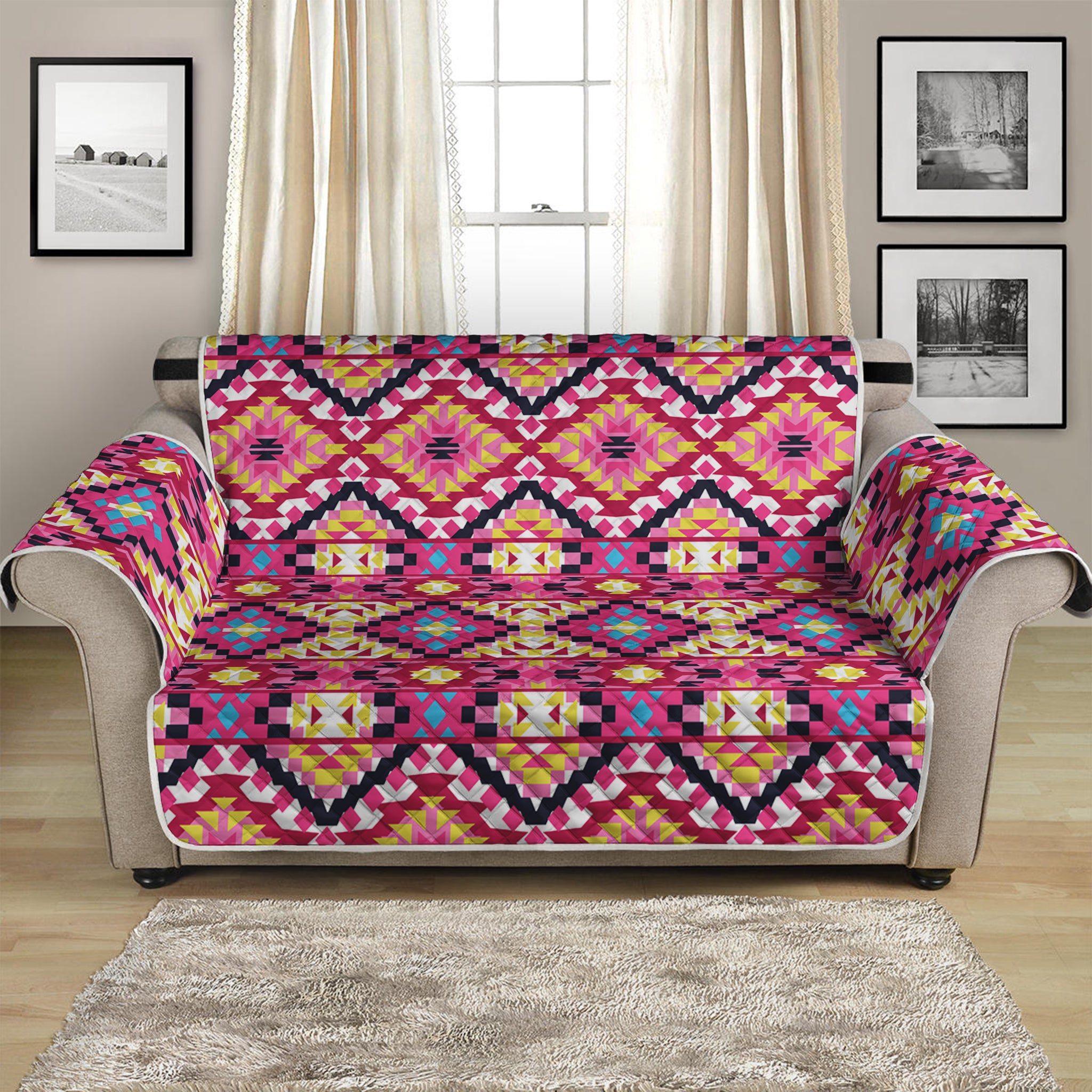 Pink Aztec Geometric Ethnic Pattern Print Loveseat Protector