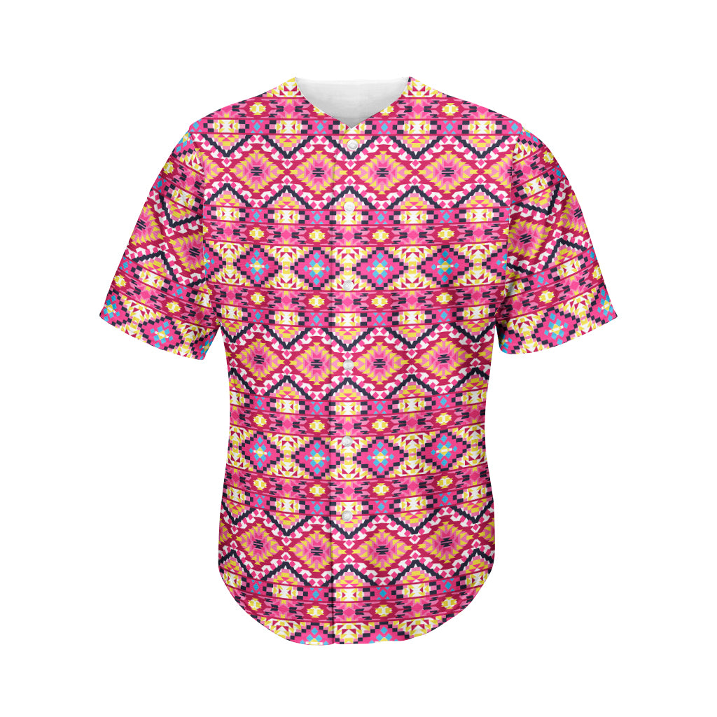 Pink Aztec Geometric Ethnic Pattern Print Men's Baseball Jersey