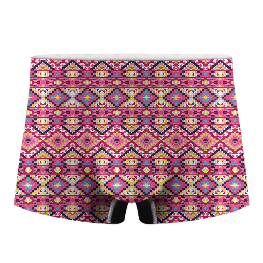 Pink Aztec Geometric Ethnic Pattern Print Men's Boxer Briefs
