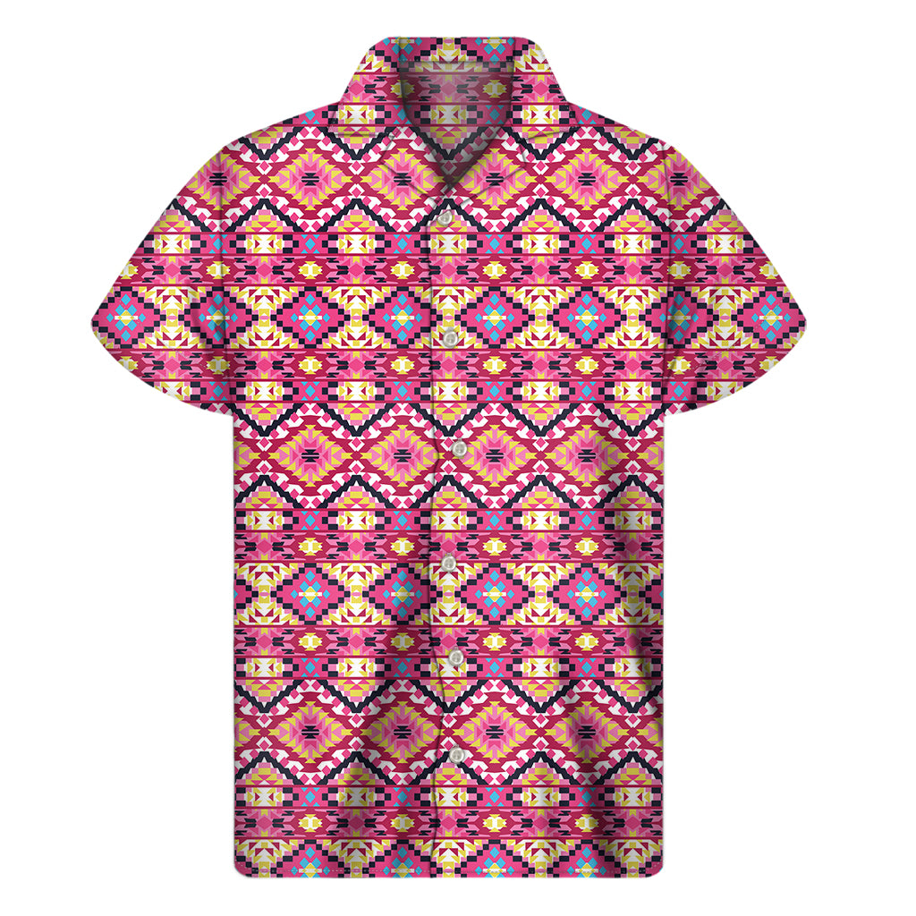 Pink Aztec Geometric Ethnic Pattern Print Men's Short Sleeve Shirt