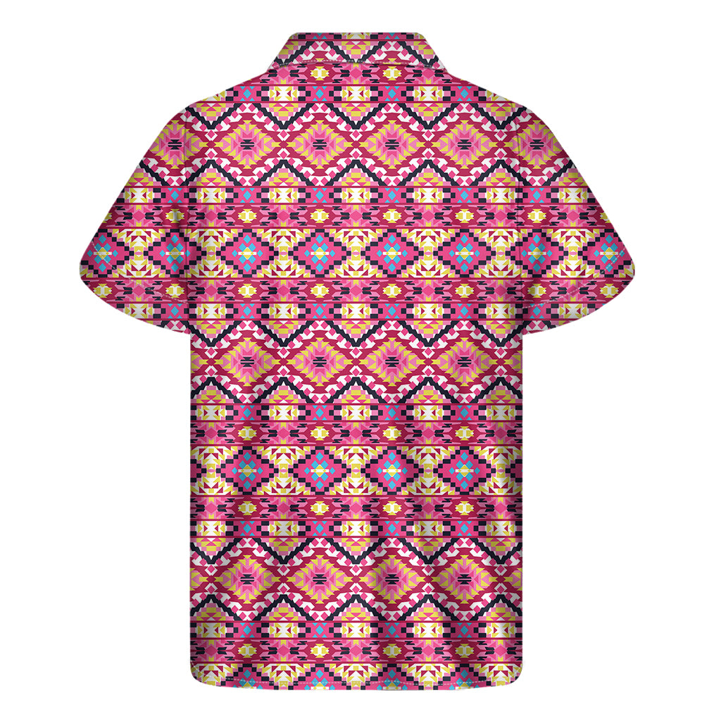 Pink Aztec Geometric Ethnic Pattern Print Men's Short Sleeve Shirt