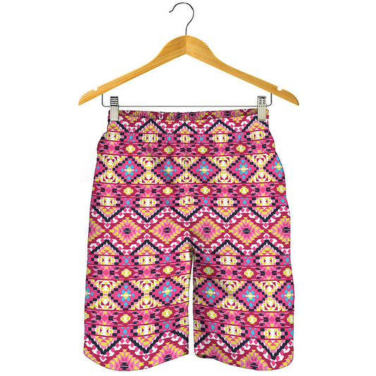 Pink Aztec Geometric Ethnic Pattern Print Men's Shorts
