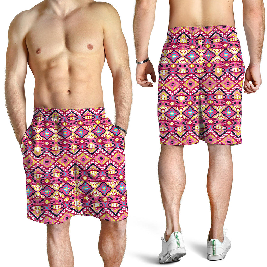 Pink Aztec Geometric Ethnic Pattern Print Men's Shorts