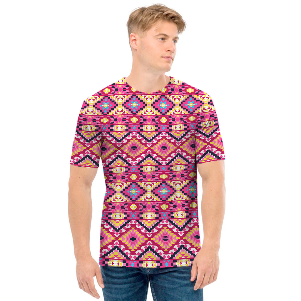 Pink Aztec Geometric Ethnic Pattern Print Men's T-Shirt
