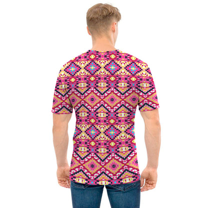 Pink Aztec Geometric Ethnic Pattern Print Men's T-Shirt