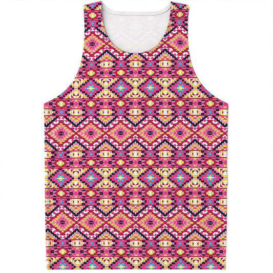 Pink Aztec Geometric Ethnic Pattern Print Men's Tank Top