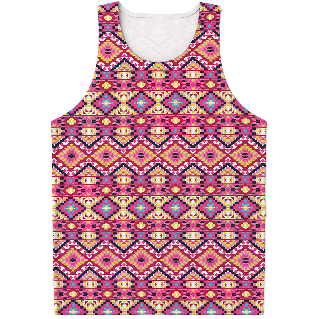 Pink Aztec Geometric Ethnic Pattern Print Men's Tank Top