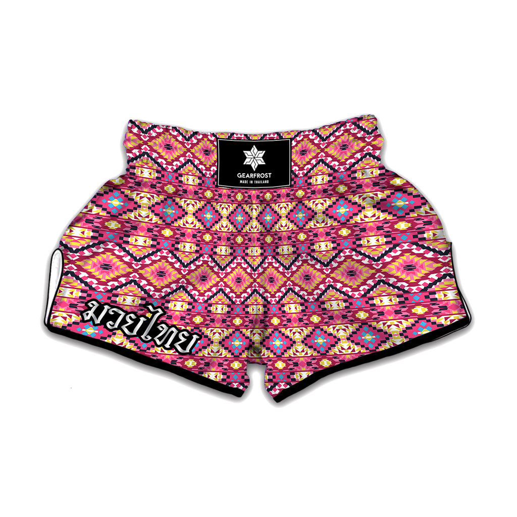 Pink Aztec Geometric Ethnic Pattern Print Muay Thai Boxing Shorts