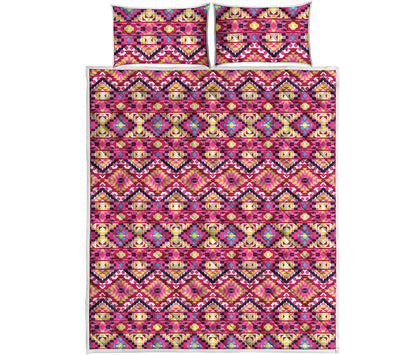 Pink Aztec Geometric Ethnic Pattern Print Quilt Bed Set