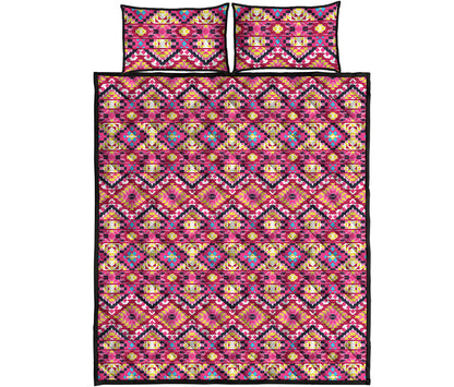 Pink Aztec Geometric Ethnic Pattern Print Quilt Bed Set