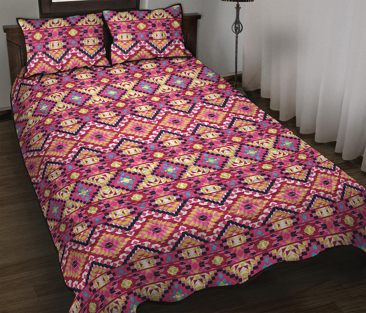 Pink Aztec Geometric Ethnic Pattern Print Quilt Bed Set