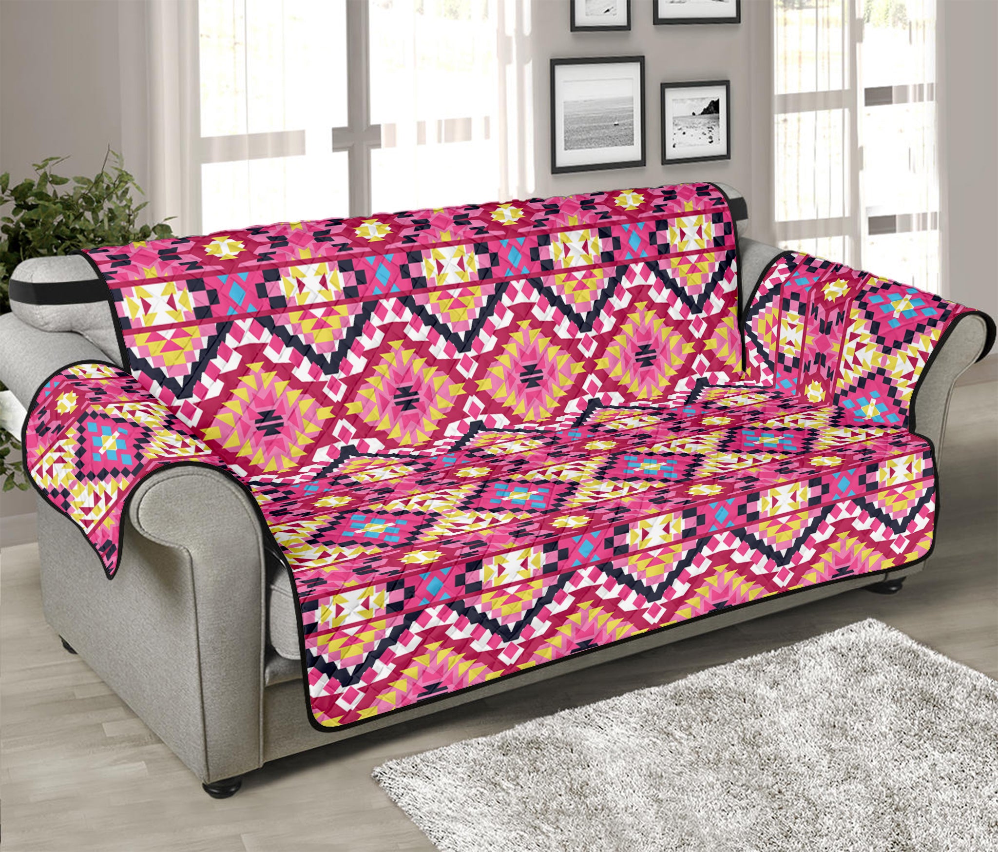 Pink Aztec Geometric Ethnic Pattern Print Sofa Protector