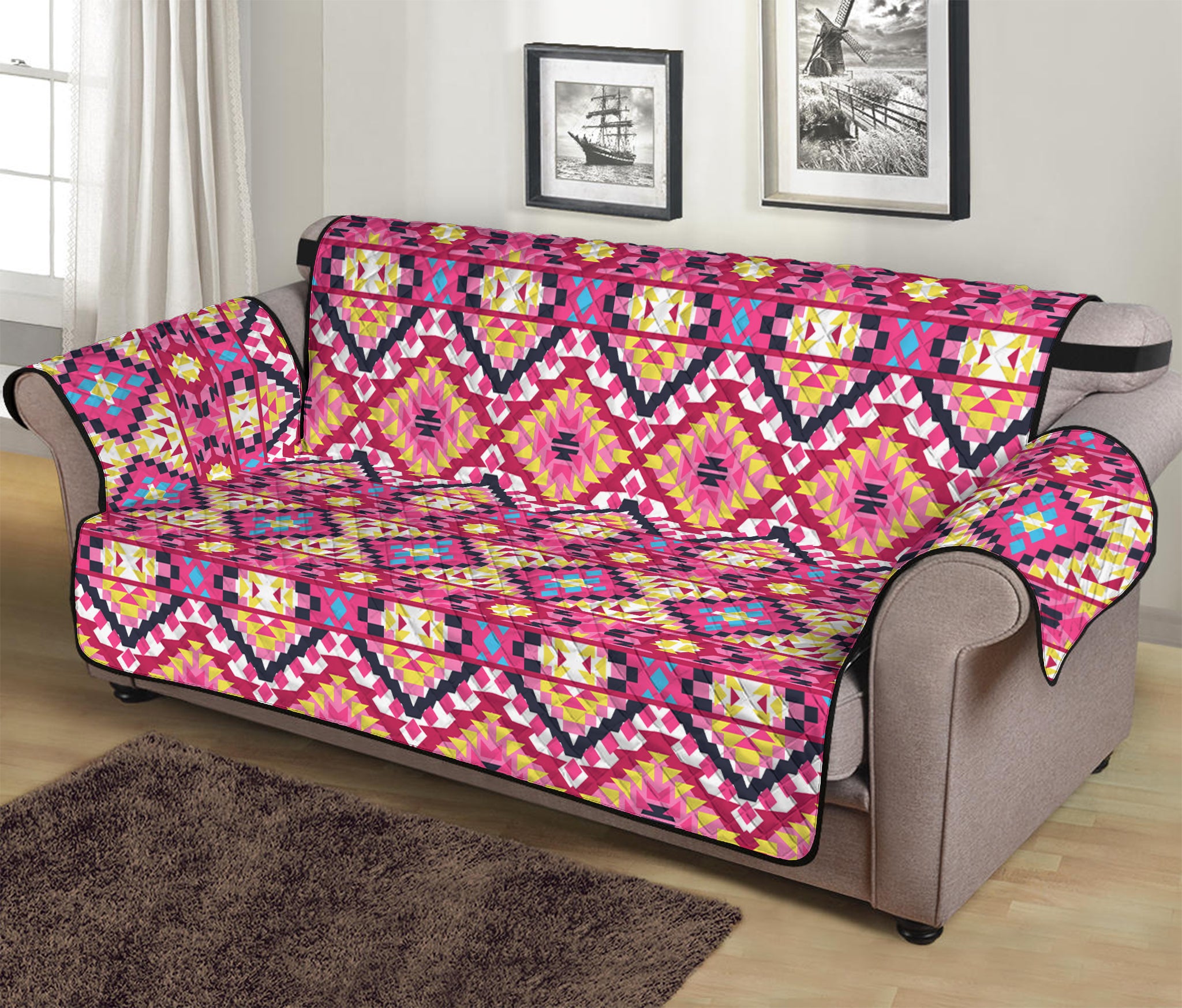 Pink Aztec Geometric Ethnic Pattern Print Sofa Protector