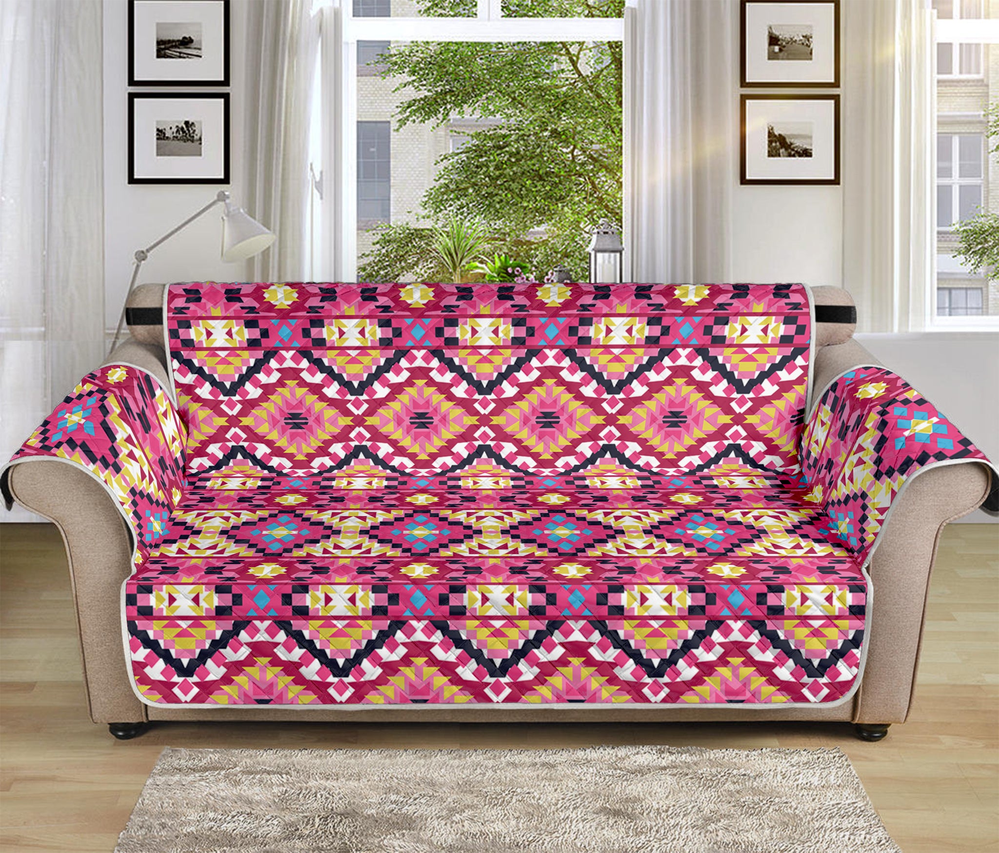 Pink Aztec Geometric Ethnic Pattern Print Sofa Protector