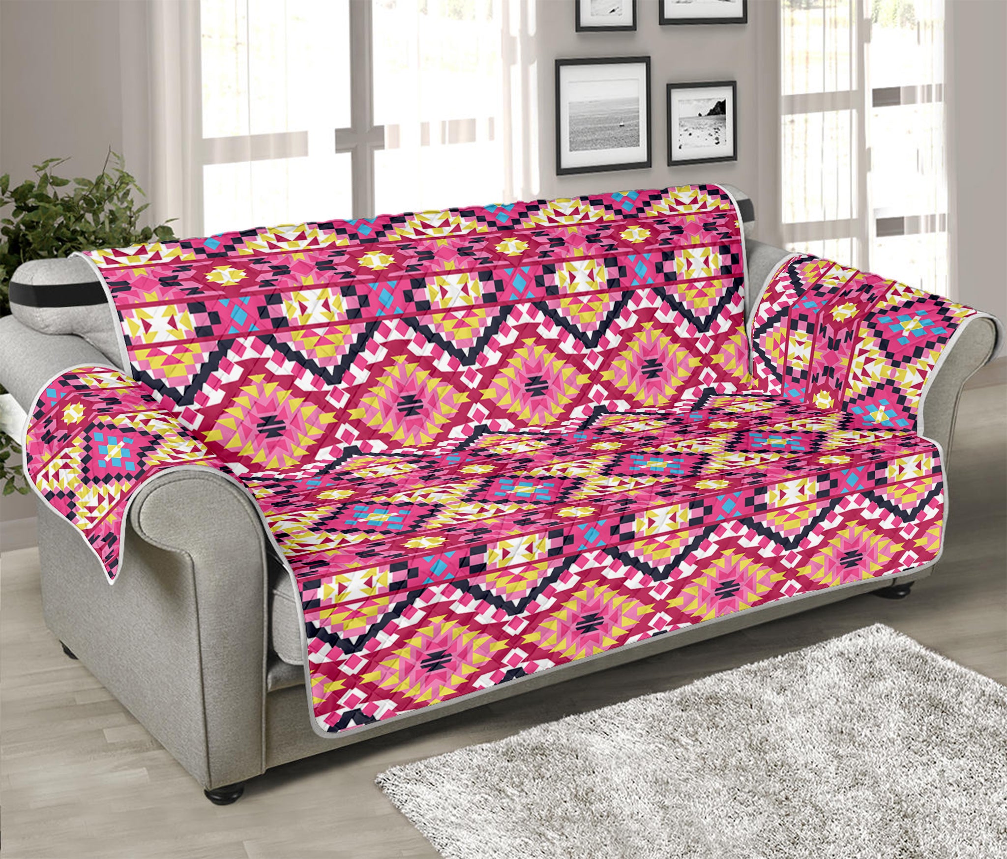 Pink Aztec Geometric Ethnic Pattern Print Sofa Protector