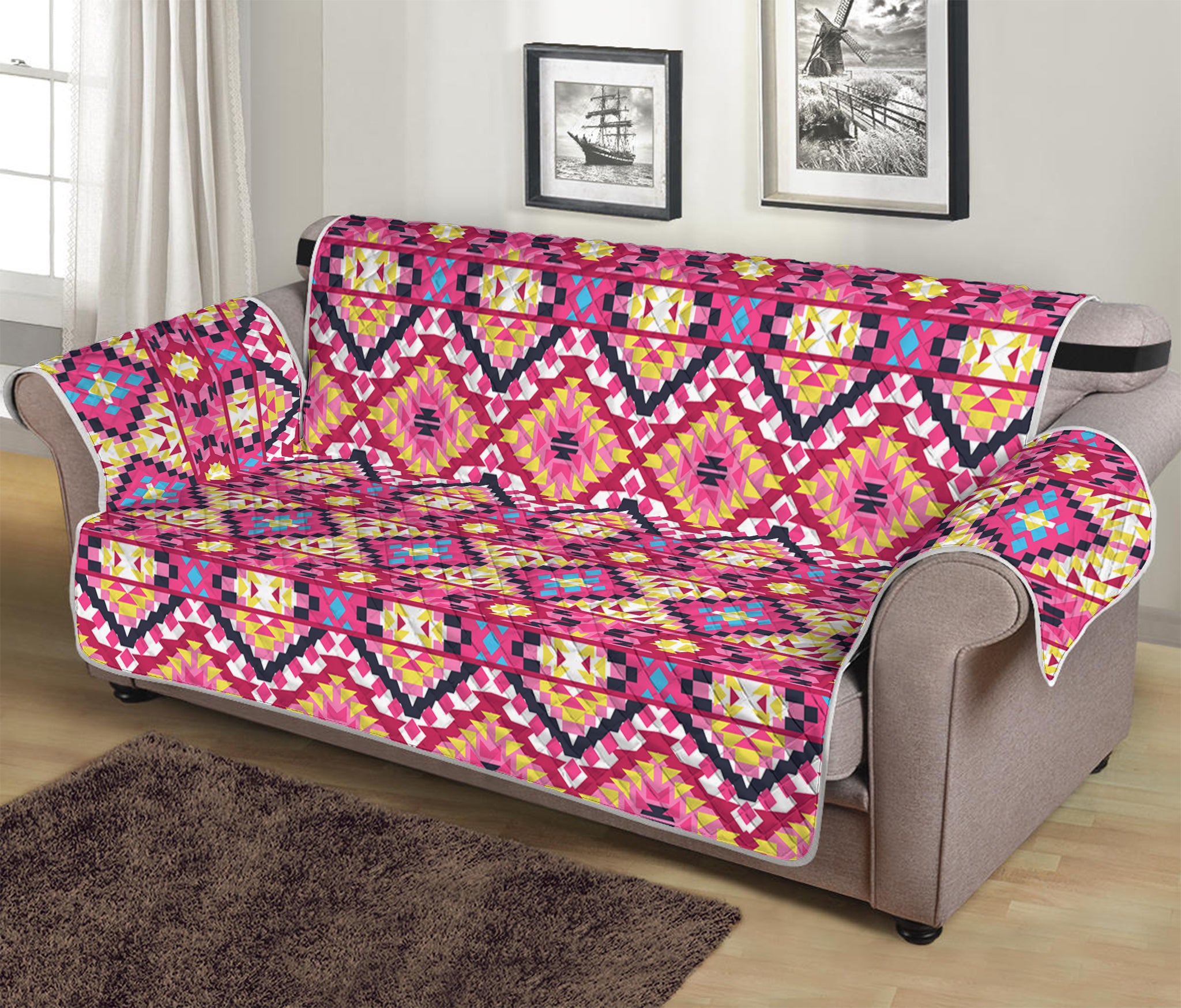 Pink Aztec Geometric Ethnic Pattern Print Sofa Protector