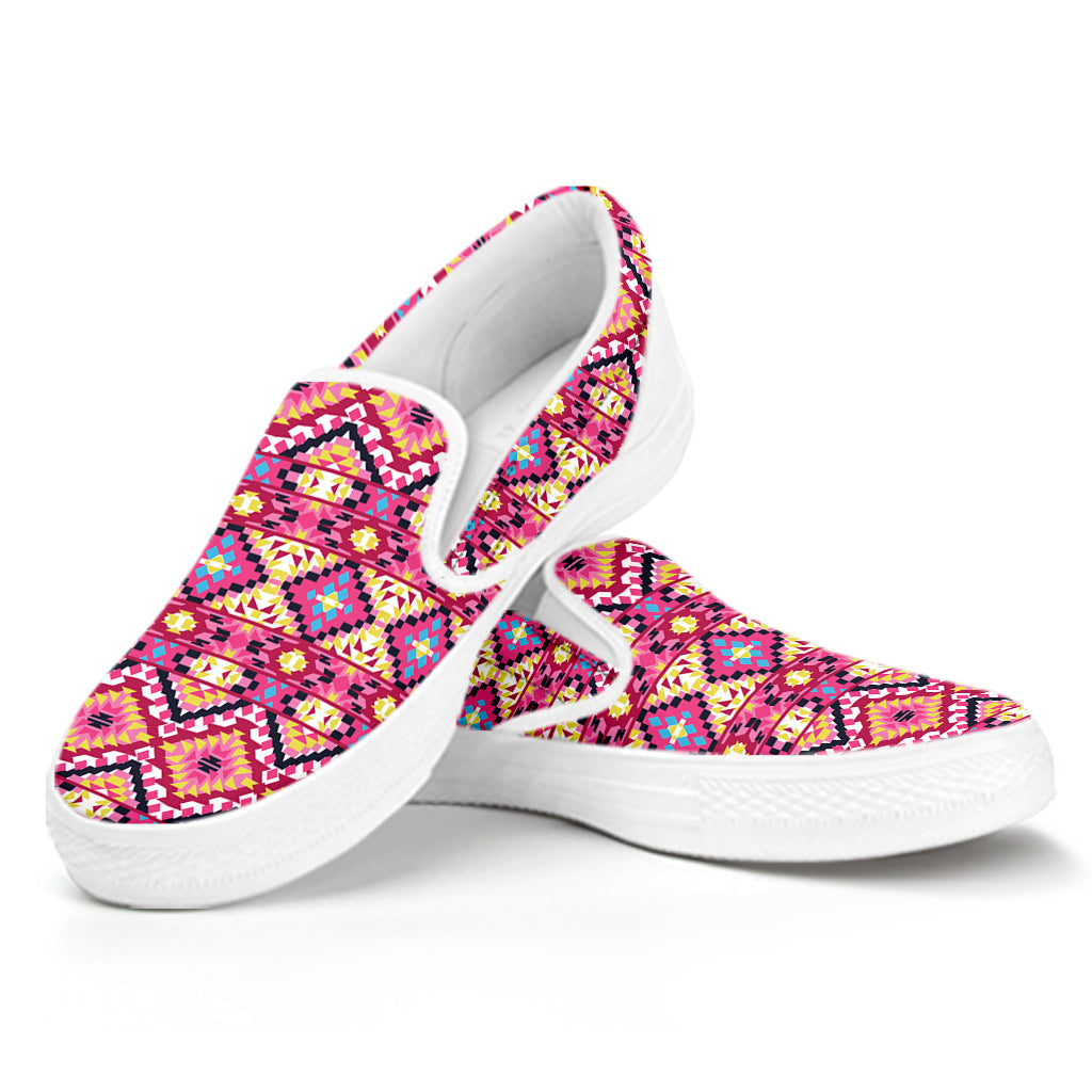 Pink Aztec Geometric Ethnic Pattern Print White Slip On Shoes