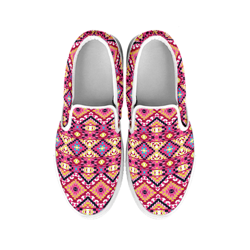 Pink Aztec Geometric Ethnic Pattern Print White Slip On Shoes