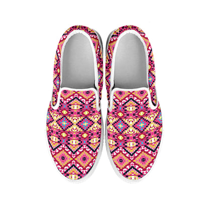 Pink Aztec Geometric Ethnic Pattern Print White Slip On Shoes