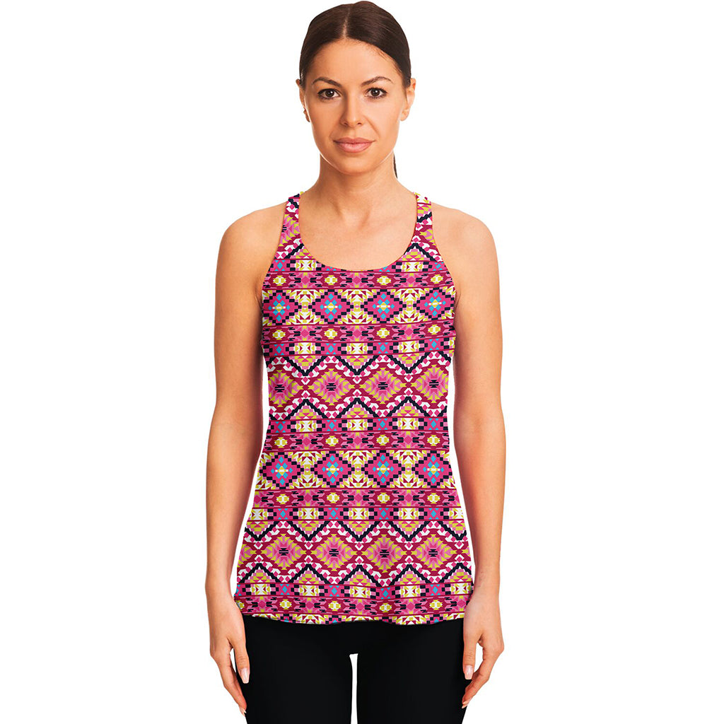 Pink Aztec Geometric Ethnic Pattern Print Women's Racerback Tank Top