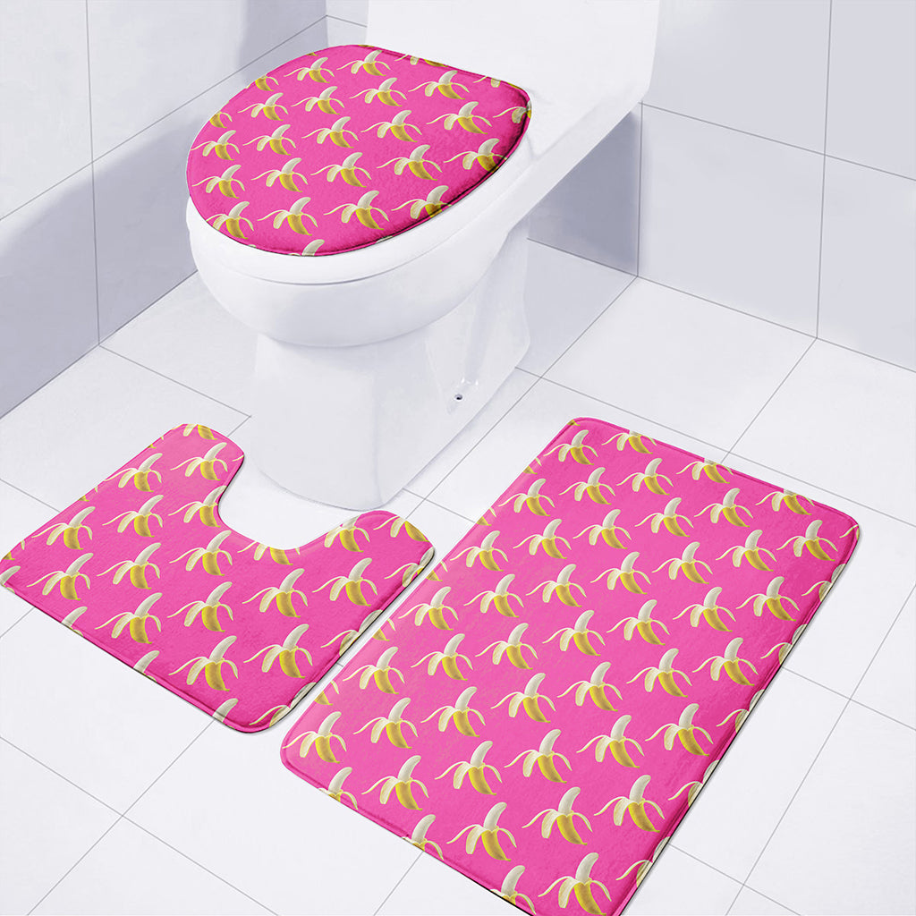 Pink Banana Pattern Print 3 Piece Bath Mat Set
