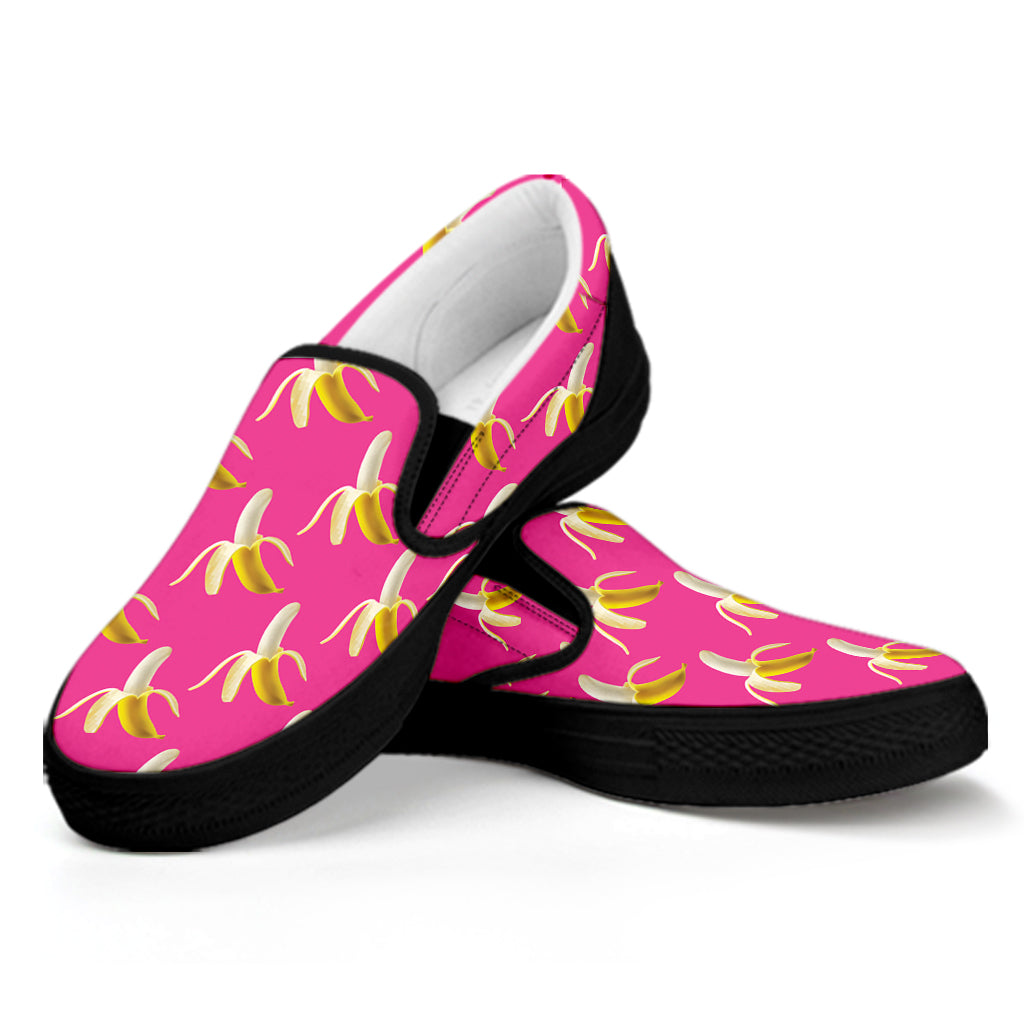 Pink Banana Pattern Print Black Slip On Shoes
