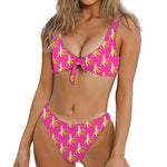 Pink Banana Pattern Print Front Bow Tie Bikini