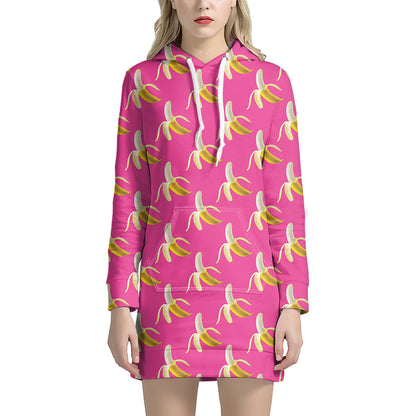 Pink Banana Pattern Print Hoodie Dress