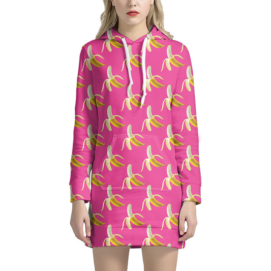 Pink Banana Pattern Print Hoodie Dress
