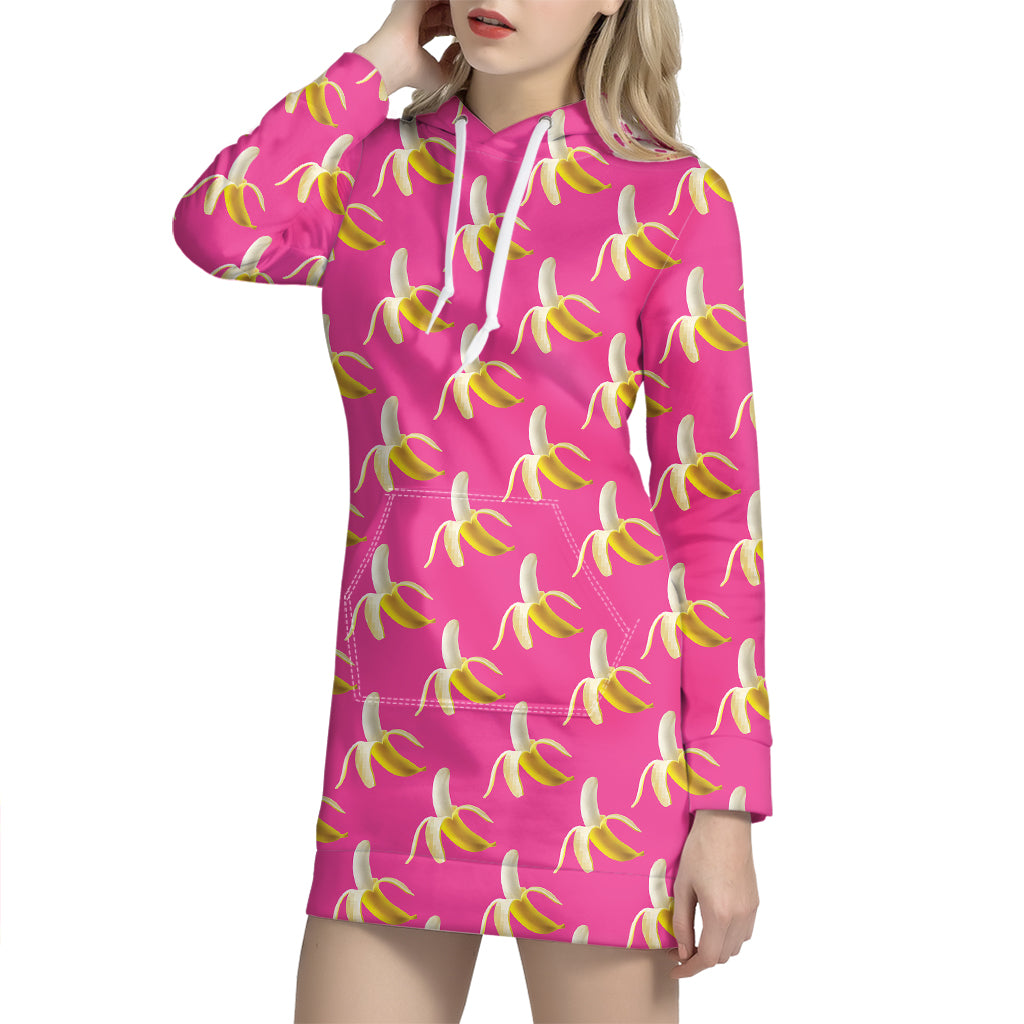 Pink Banana Pattern Print Hoodie Dress