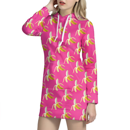 Pink Banana Pattern Print Hoodie Dress