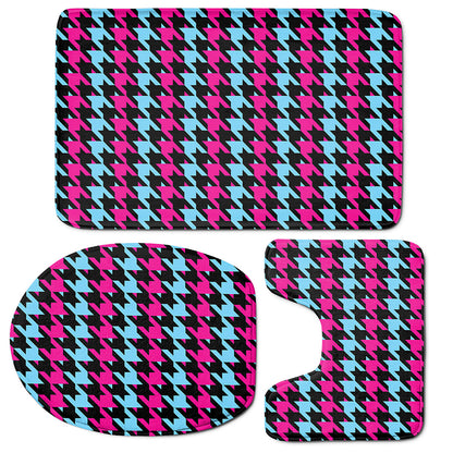 Pink Blue And Black Houndstooth Print 3 Piece Bath Mat Set